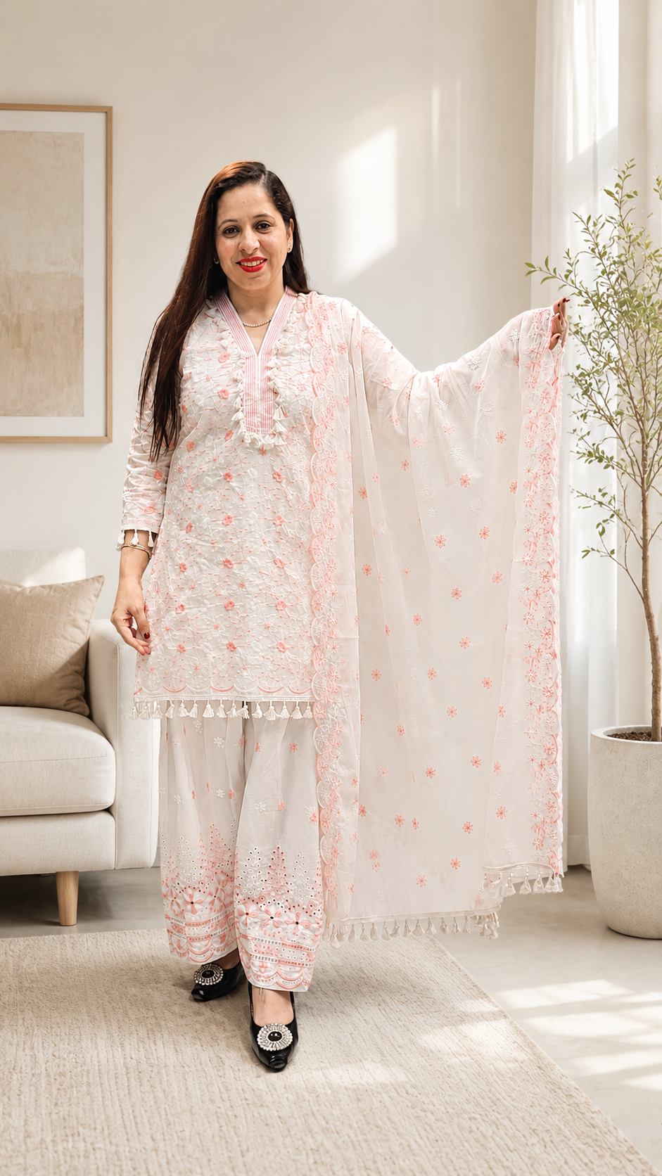 3-Piece Embroidered Farshi Suit for Women – Pure Cotton (Off White & Peach)