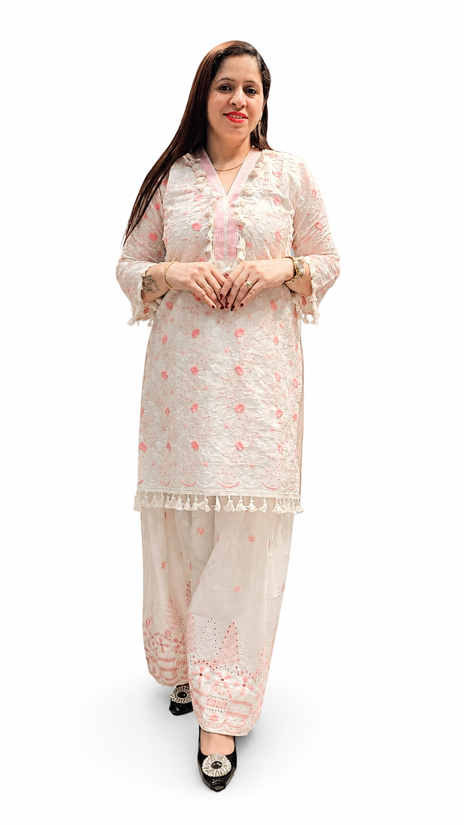 3-Piece Embroidered Farshi Suit for Women – Pure Cotton (Off White & Peach)