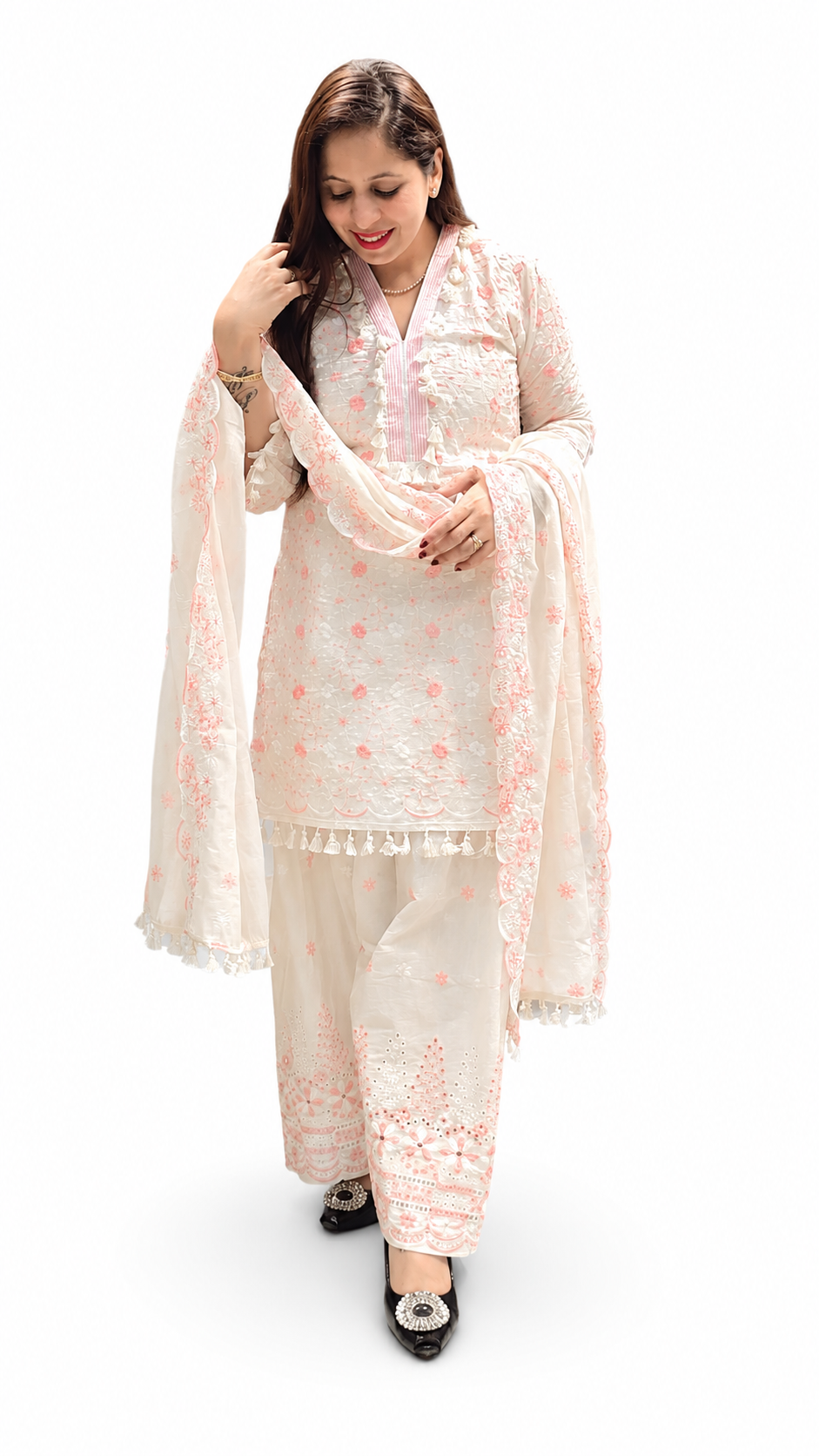 3-Piece Embroidered Farshi Suit for Women – Pure Cotton (Off White & Peach)