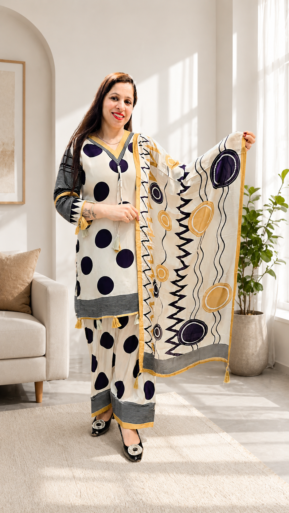 3-Piece Polka Dot Farshi Suit for Women – Crepe Fabric