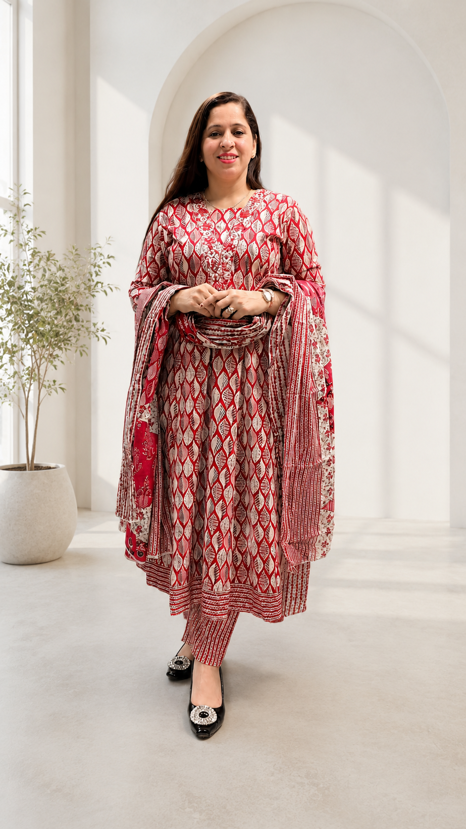 Women's Printed Anarkali 3-Piece Suit – Red