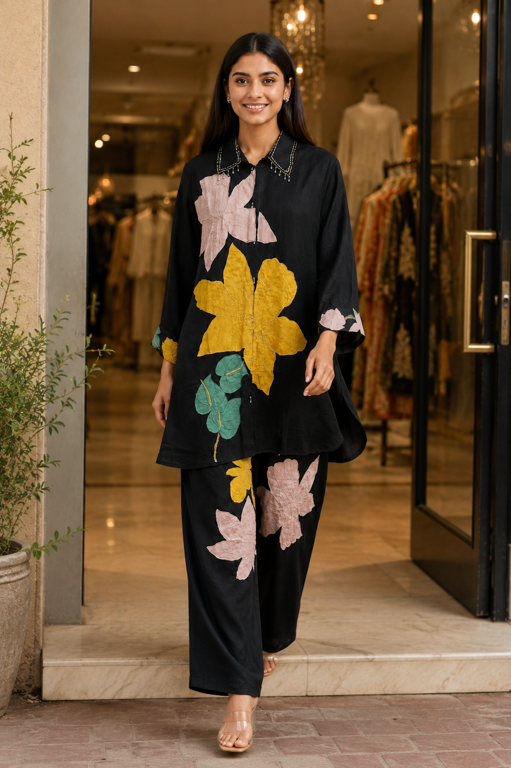 Women's Black Floral Embroidered Co-Ord Set – Soft Chinon Fabric