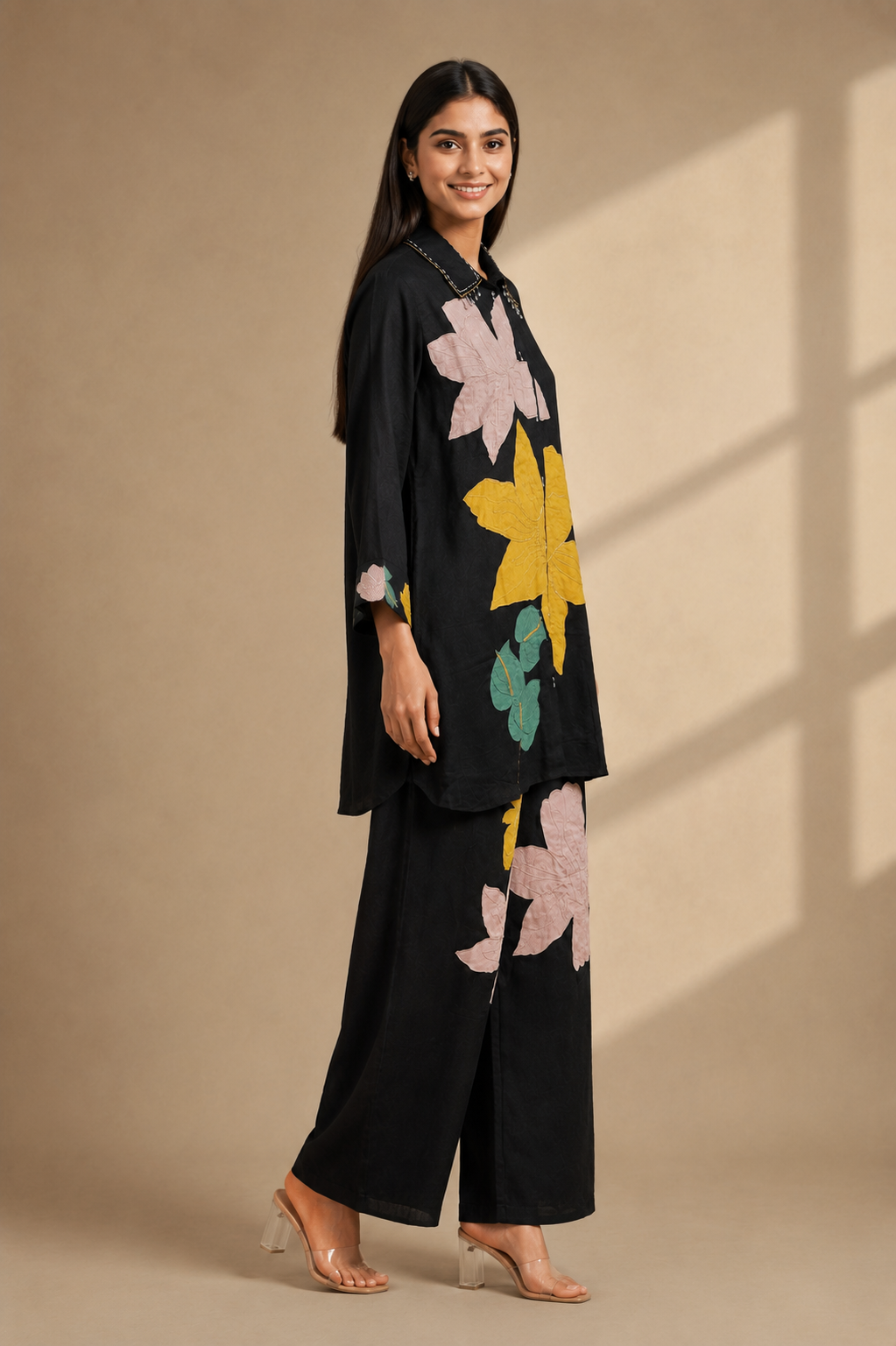 Women's Black Floral Embroidered Co-Ord Set – Soft Chinon Fabric