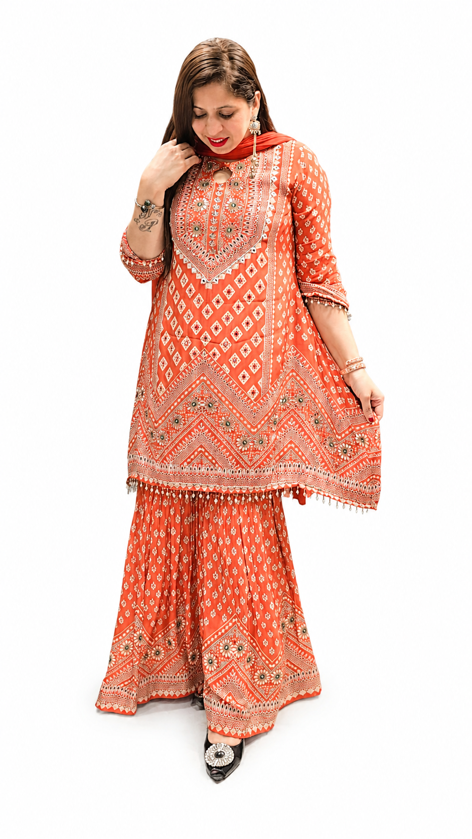 Women's Printed Sharara Suit – Rust | Crepe Fabric | 3-Piece Ethnic Set