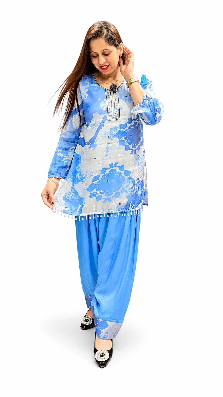 Pure Crepe Shirt with Pure Chinon Farshi Salwar Suit (Blue)