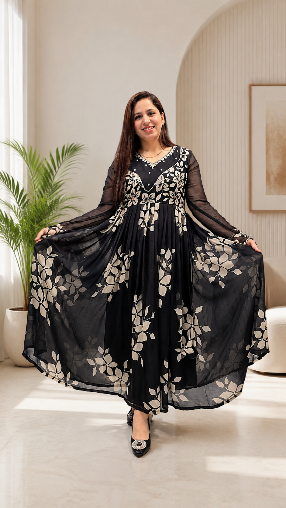 Chinon fabric Anarkali Black suit