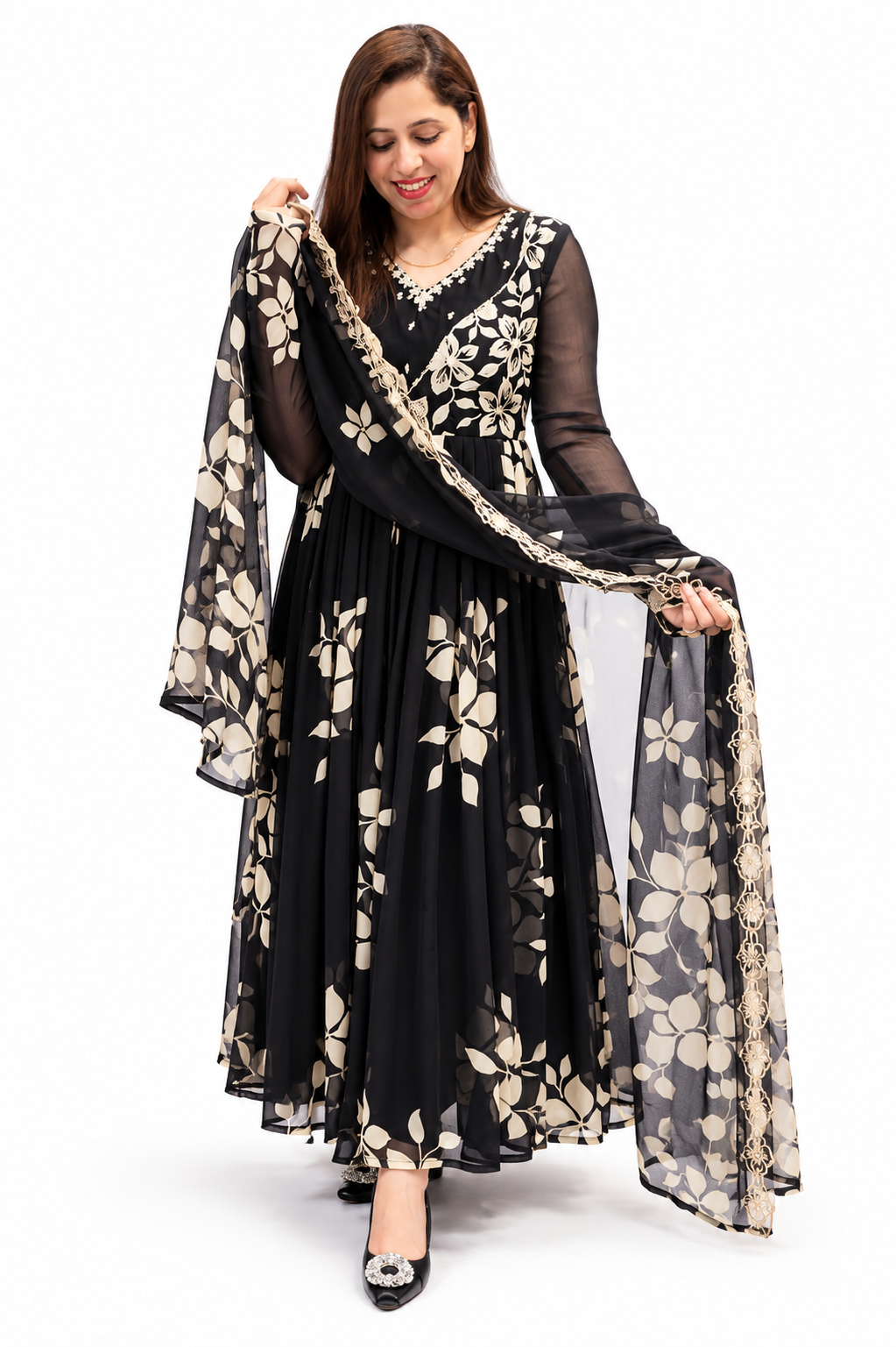 Chinon fabric Anarkali Black suit