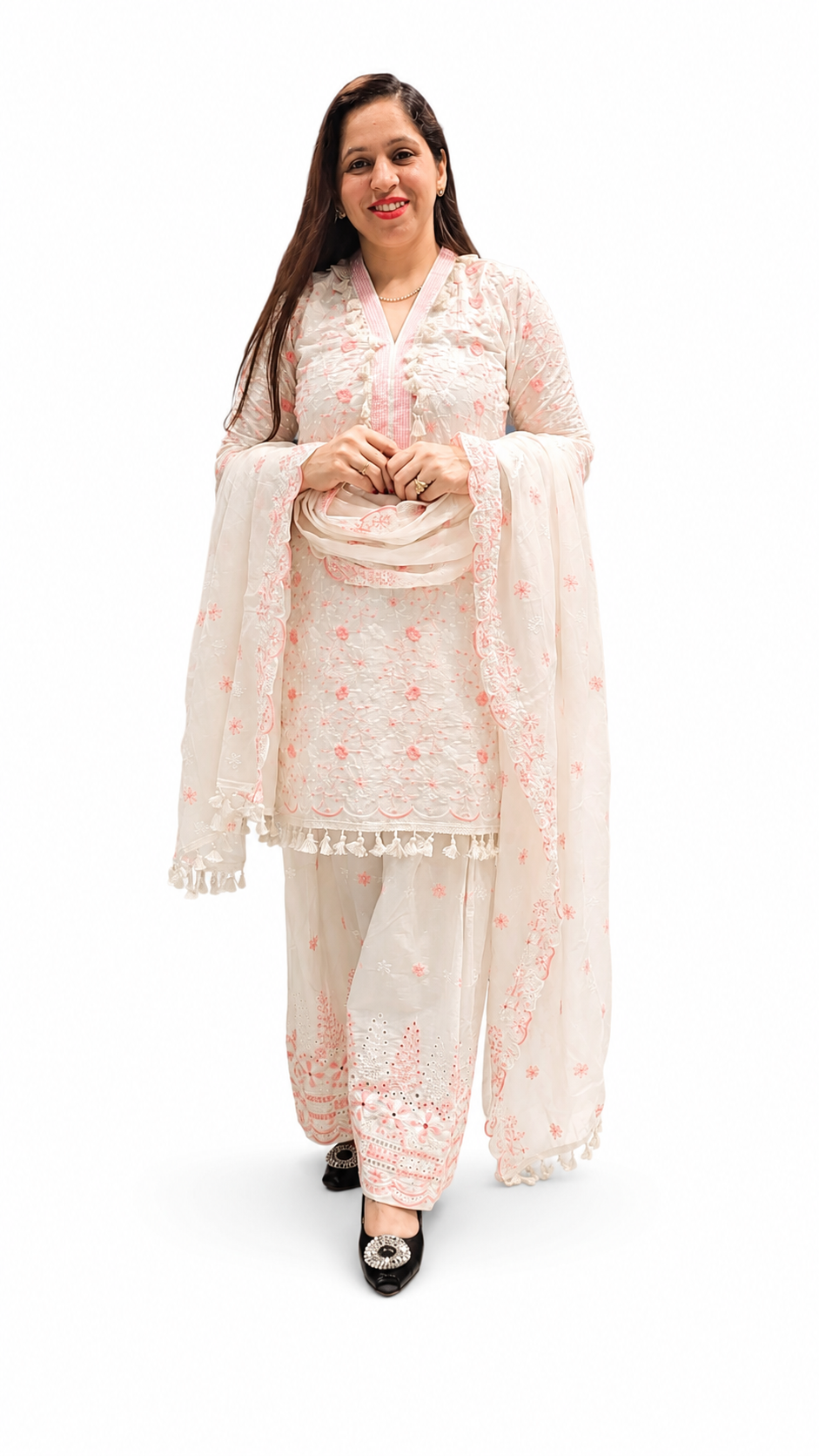 3-Piece Embroidered Farshi Suit for Women – Pure Cotton (Off White & Peach)