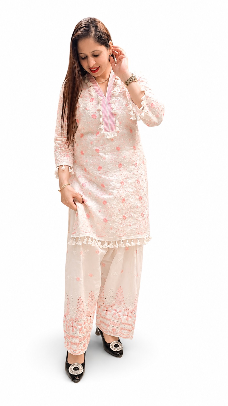 3-Piece Embroidered Farshi Suit for Women – Pure Cotton (Off White & Peach)