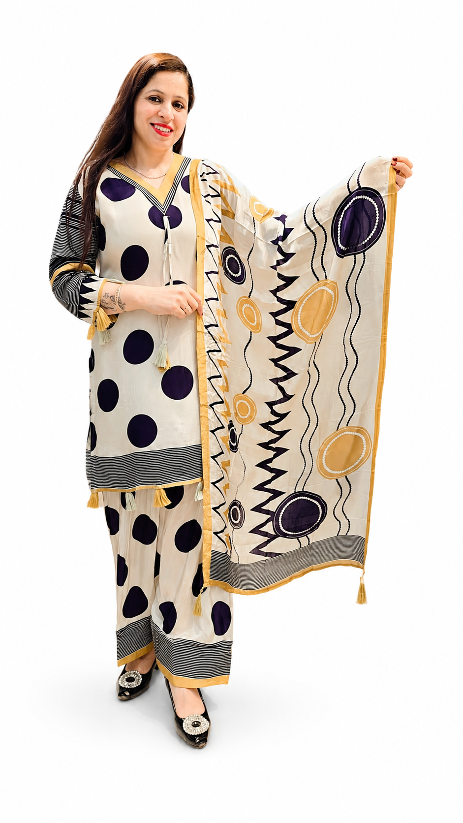 3-Piece Polka Dot Farshi Suit for Women – Crepe Fabric