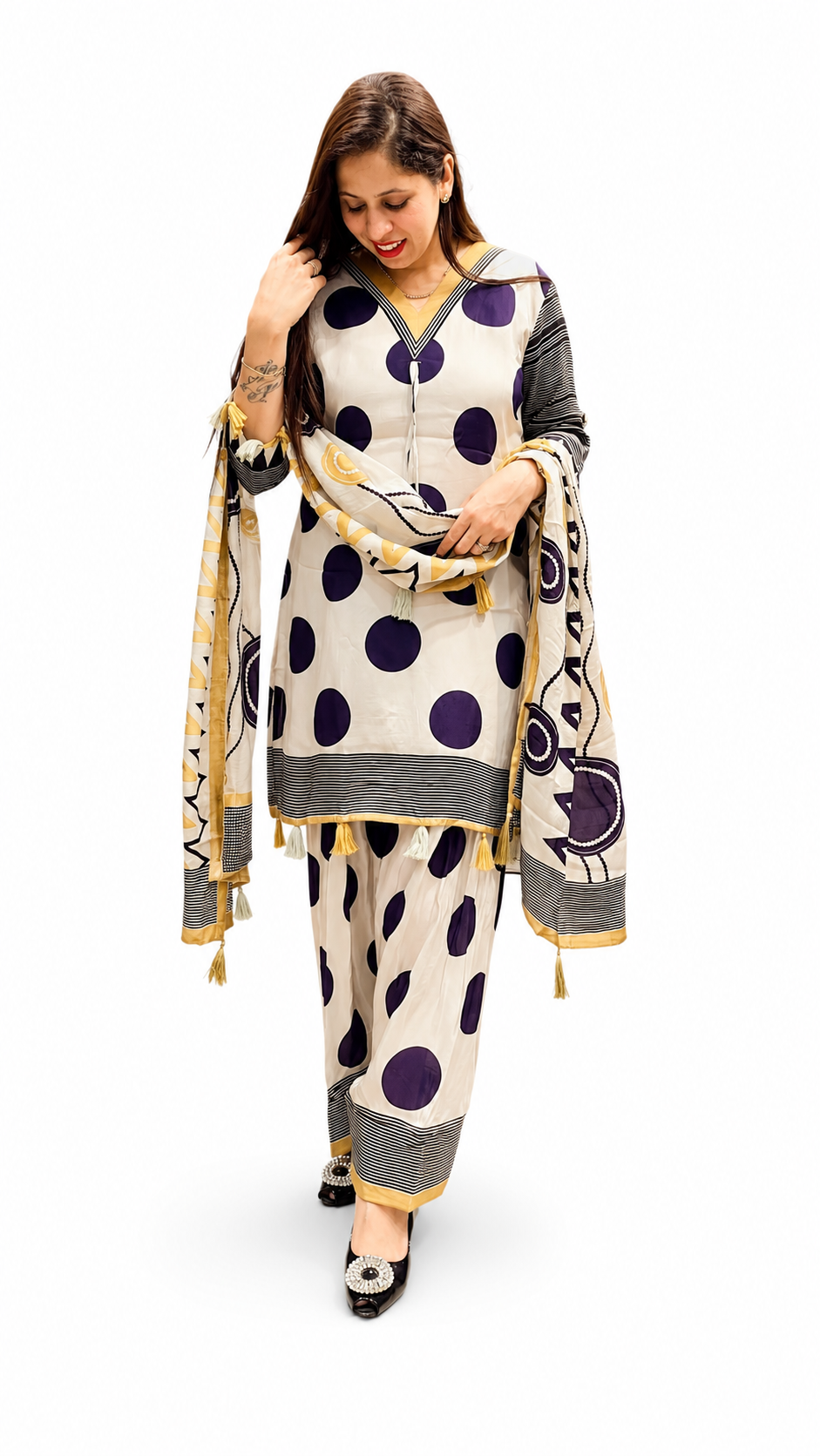 3-Piece Polka Dot Farshi Suit for Women – Crepe Fabric