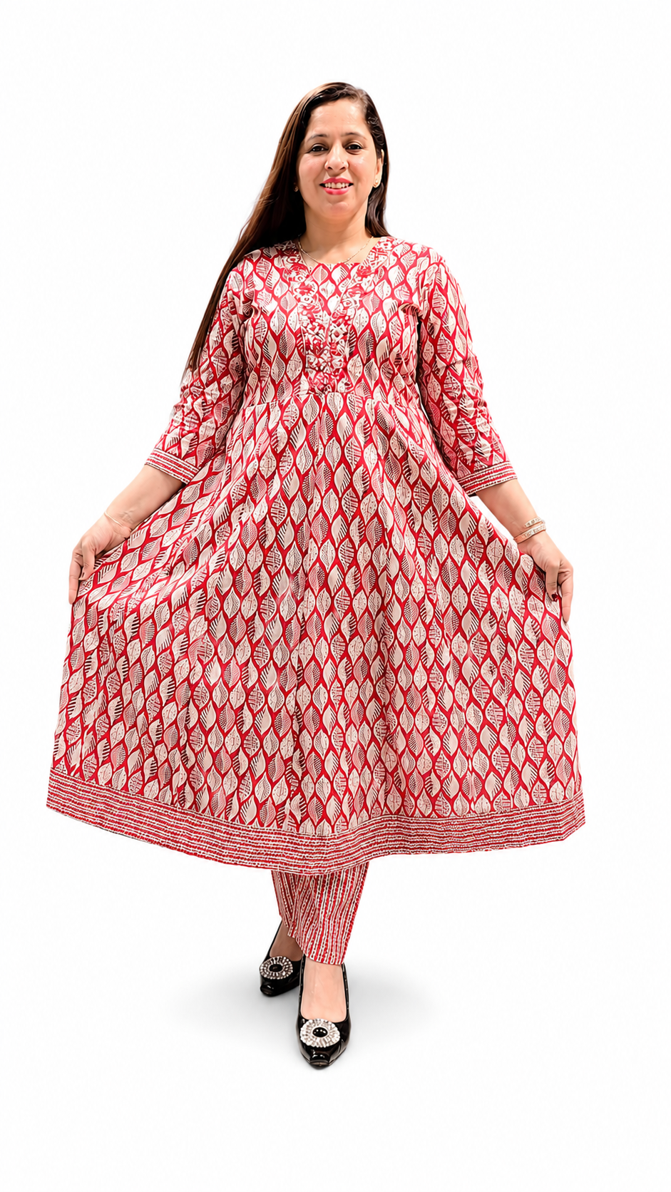 Women's Printed Anarkali 3-Piece Suit – Red