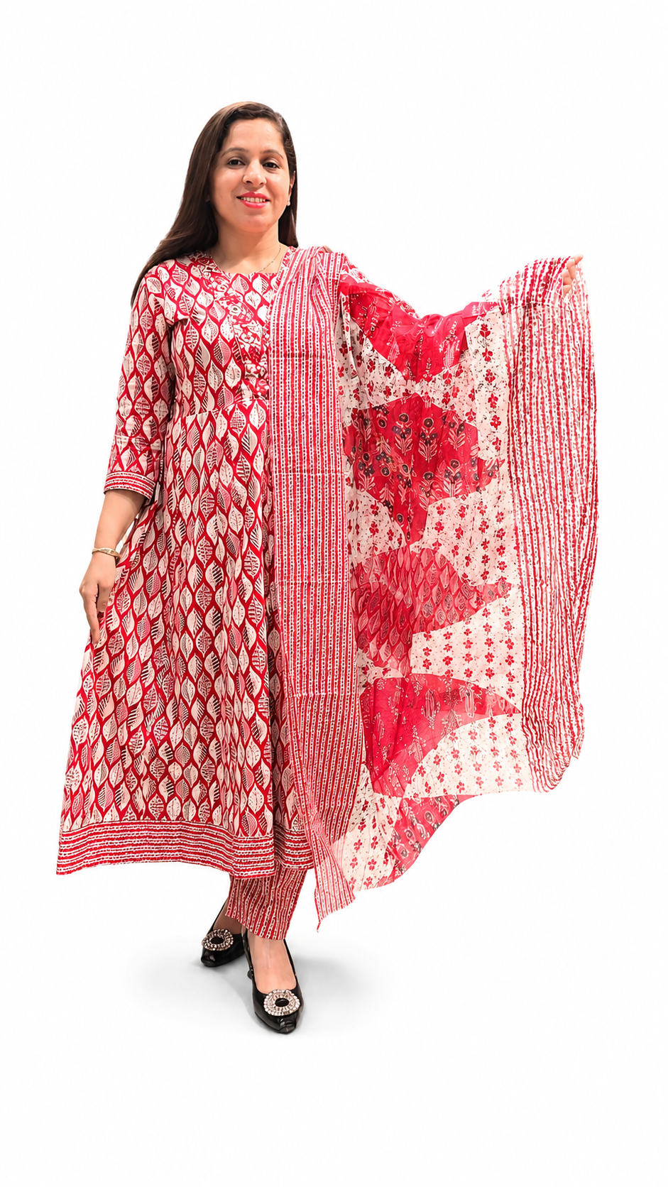 Women's Printed Anarkali 3-Piece Suit – Red
