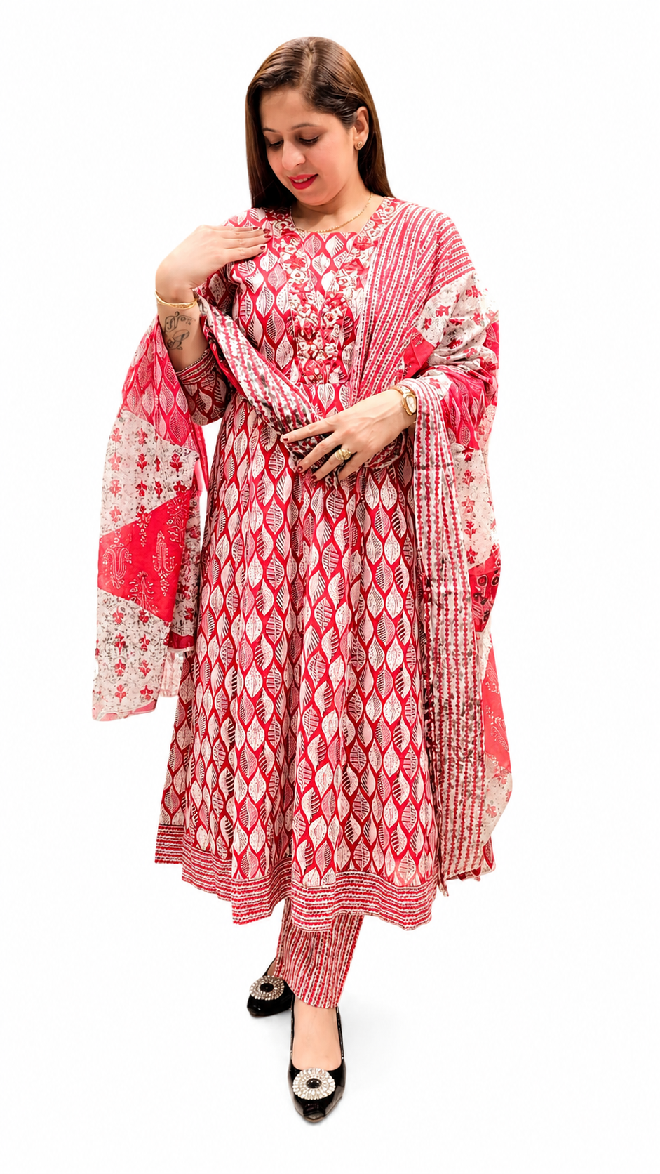 Women's Printed Anarkali 3-Piece Suit – Red