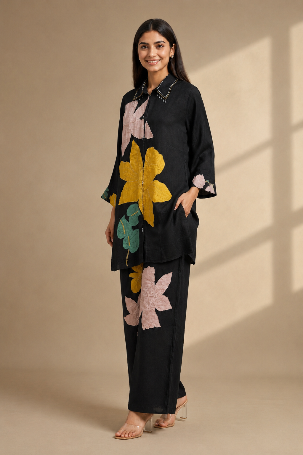 Women's Black Floral Embroidered Co-Ord Set – Soft Chinon Fabric