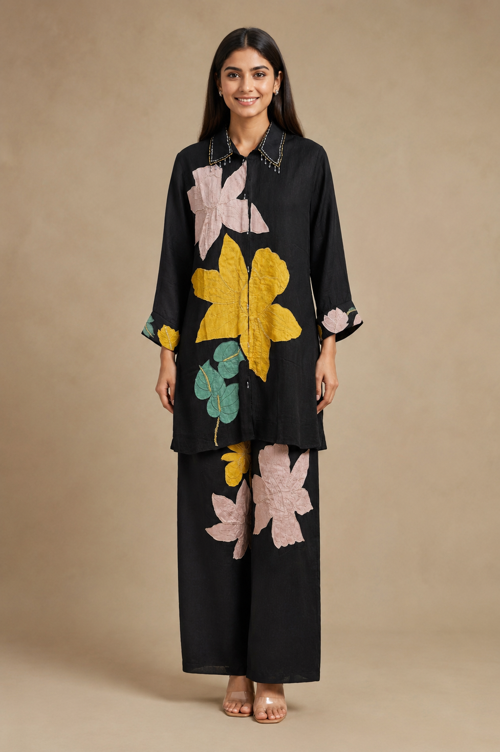 Women's Black Floral Embroidered Co-Ord Set – Soft Chinon Fabric