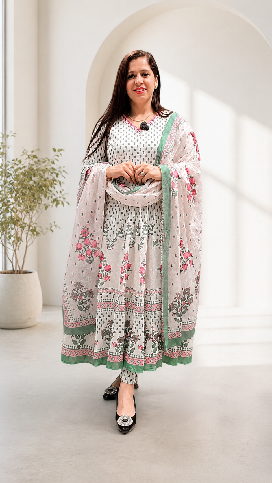 Women's Printed Anarkali 3-Piece Suit – Off White