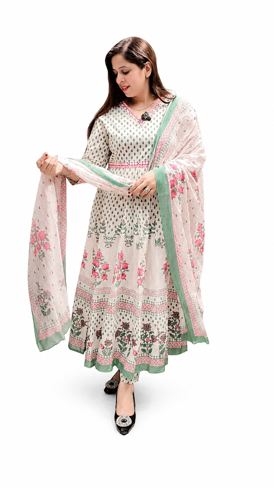 Women's Printed Anarkali 3-Piece Suit – Off White