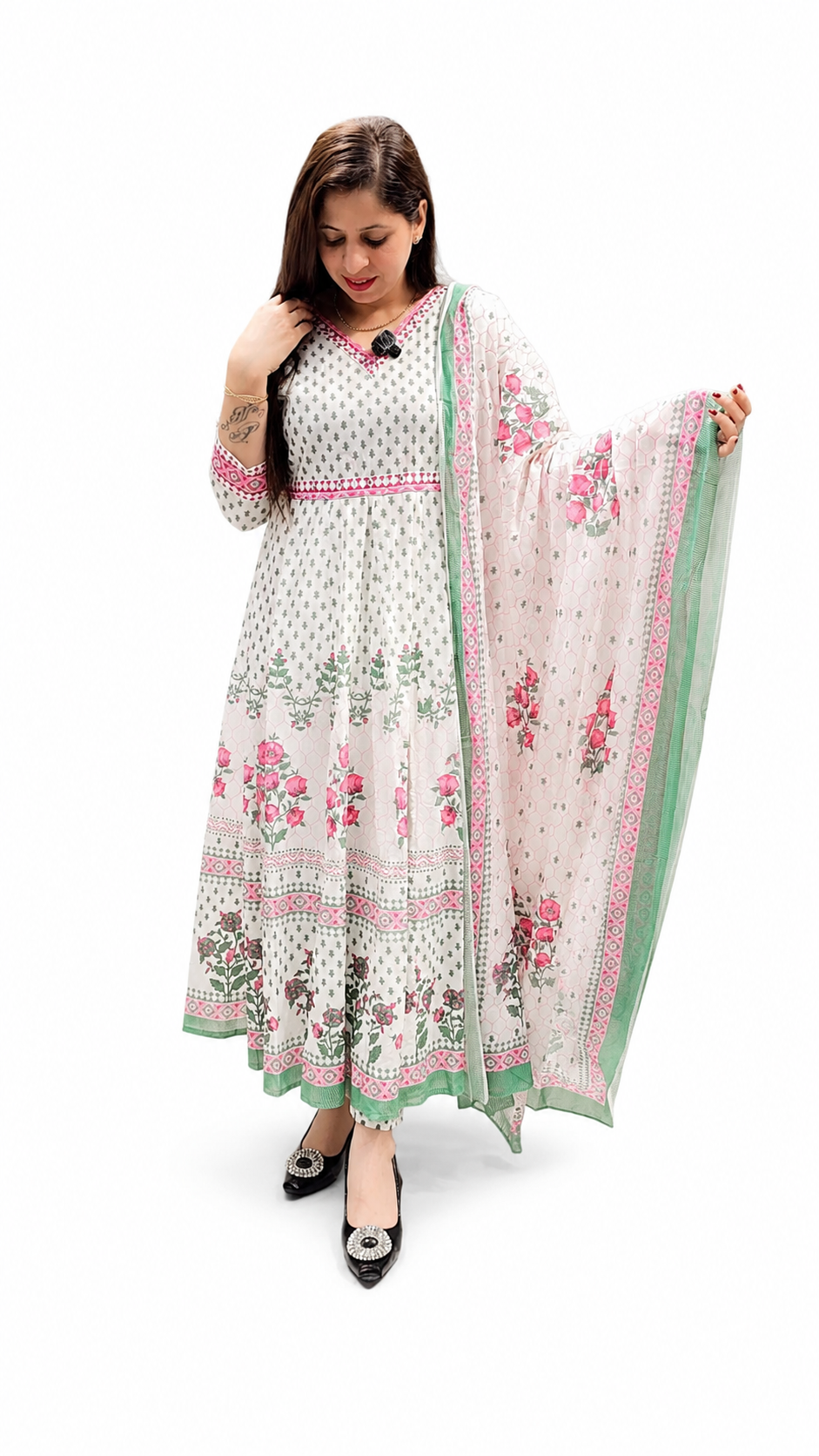 Women's Printed Anarkali 3-Piece Suit – Off White