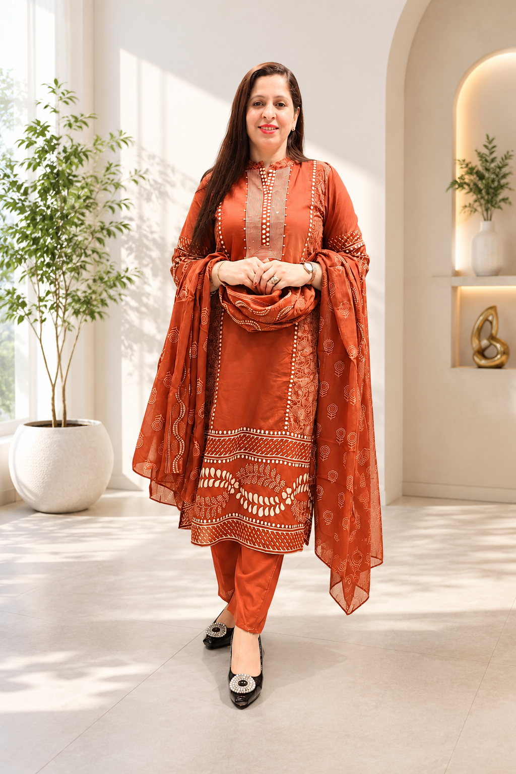 Women's Printed 3-Piece Straight Suit – Brown