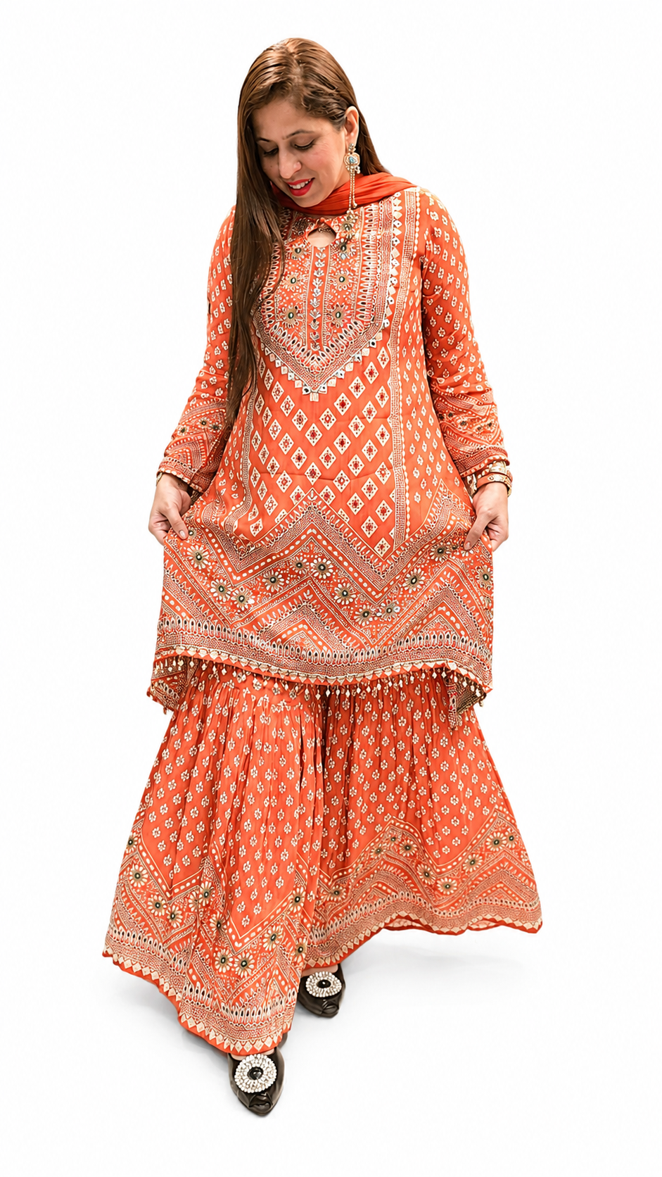 Women's Printed Sharara Suit – Rust | Crepe Fabric | 3-Piece Ethnic Set