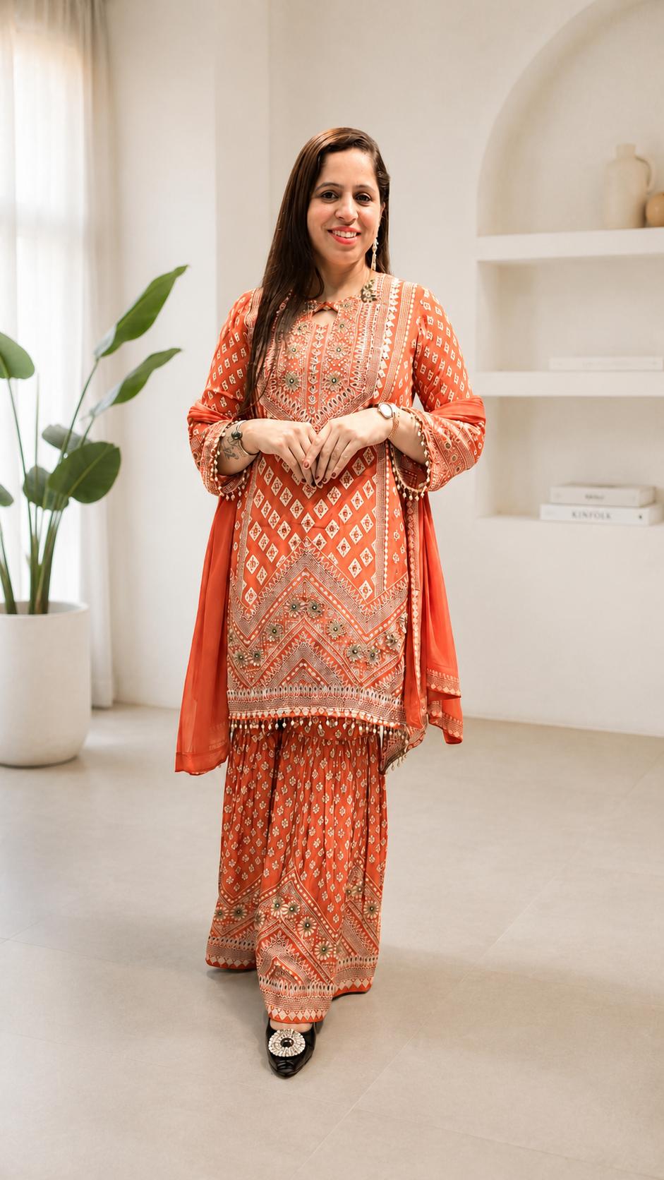 Women's Printed Sharara Suit – Rust | Crepe Fabric | 3-Piece Ethnic Set