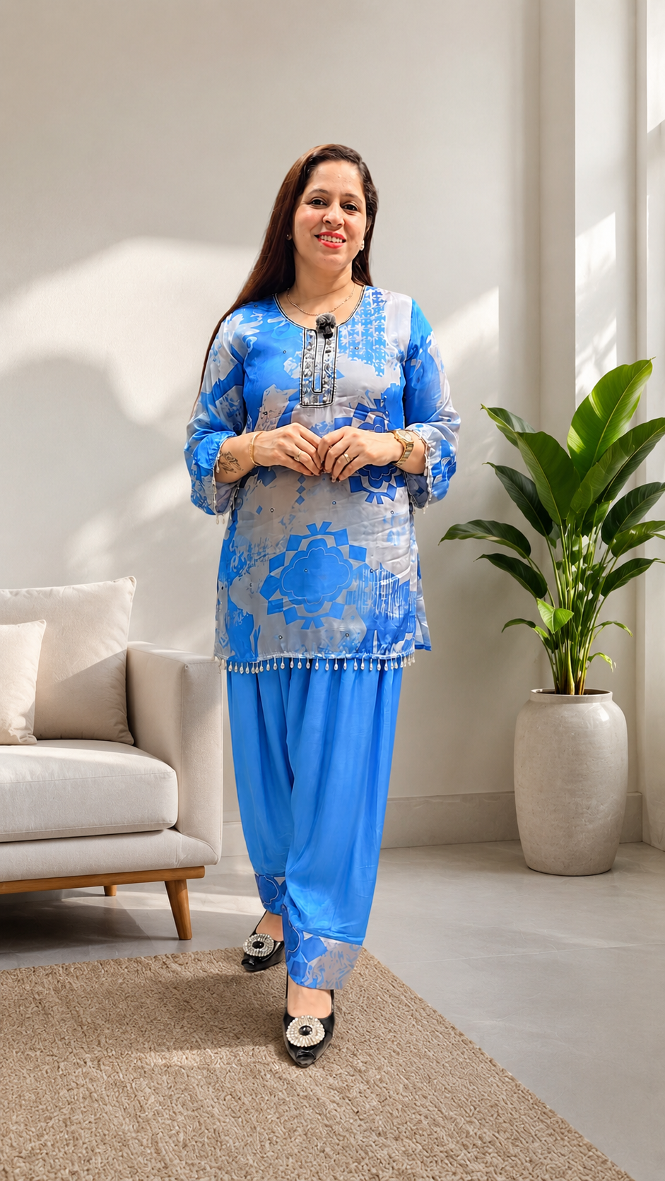 Pure Crepe Shirt with Pure Chinon Farshi Salwar Suit (Blue)