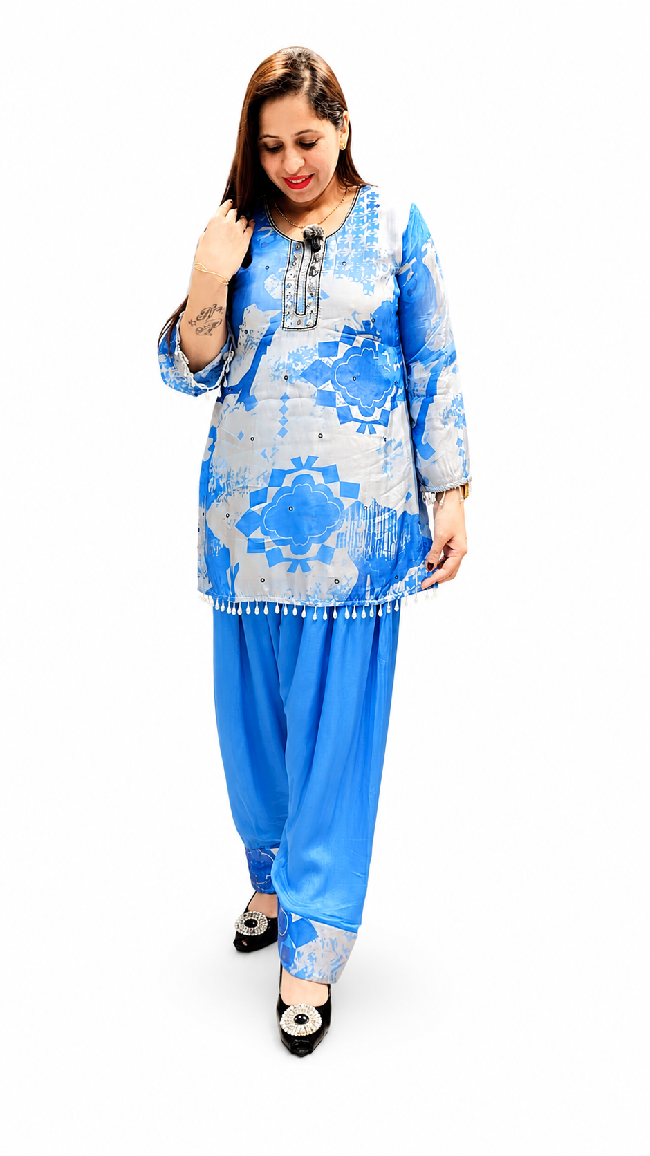 Pure Crepe Shirt with Pure Chinon Farshi Salwar Suit (Blue)