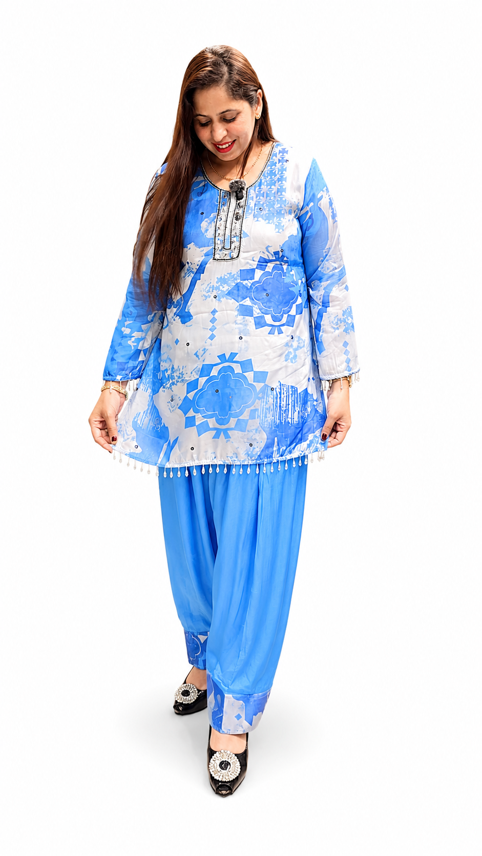 Pure Crepe Shirt with Pure Chinon Farshi Salwar Suit (Blue)