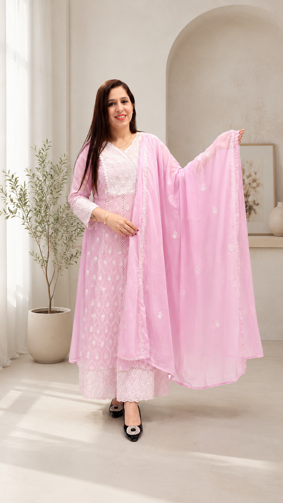 Floral Anarkali 3Pc Pink suit